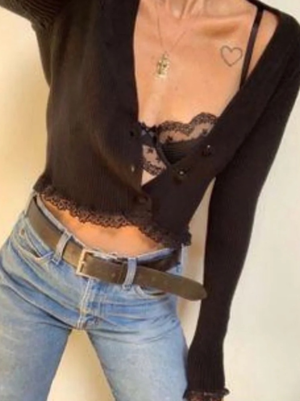 For Love & Lemons x Victoria's Secret Nina Lace Trim Ribbed Cardigan Black L